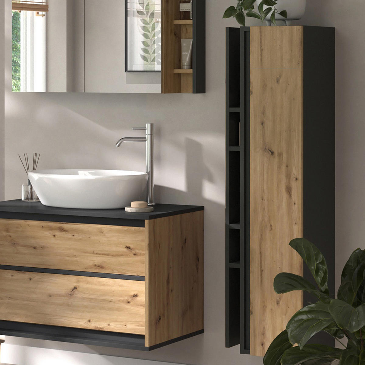BADSCHRANK Edelin Anthrazit/Artisan 35 x 120 cm mit 4 Ablagefächern - Anthrazit/Eiche Artisan, Holzwerkstoff (35/120/32cm) - Vicco