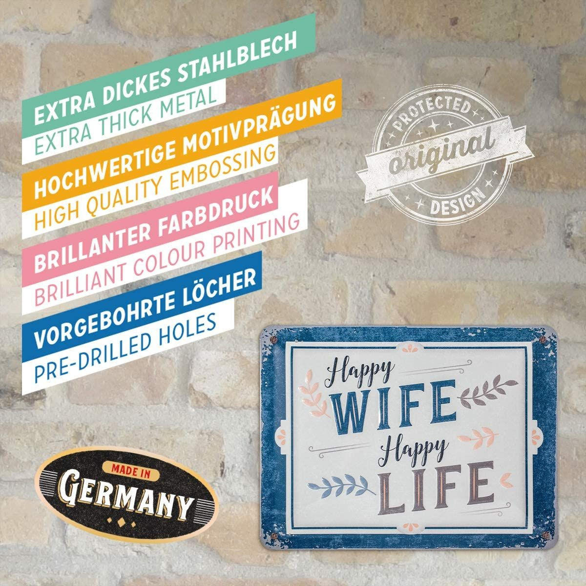 BLECHSCHILD 15/20 cm Word Up Happy Wife Happy Life - Multicolor, Metall (20/15/0.5cm) - Nostalgic-Art