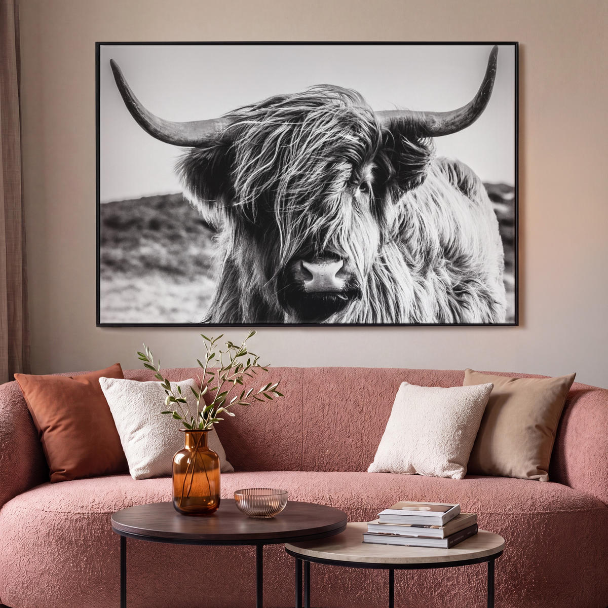 LEINWAND Bilder mit Rahmen - Kuh - Schottischer Hochländer - Schwarz - Weiß - Tier - Natur - Wildtiere - 140x90 - Schwarz, Textil (140/90cm) - MuchoWow