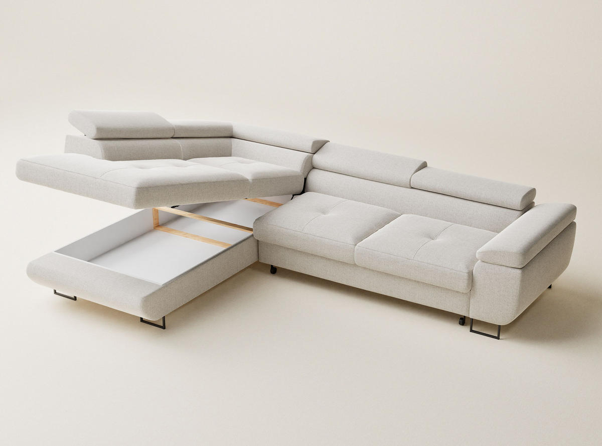 ECKSOFA Concord Hellbeige Webstoff - Links Seite - Creme/Schwarz, Holz/Holzwerkstoff (203/277cm) - Maison de Reve