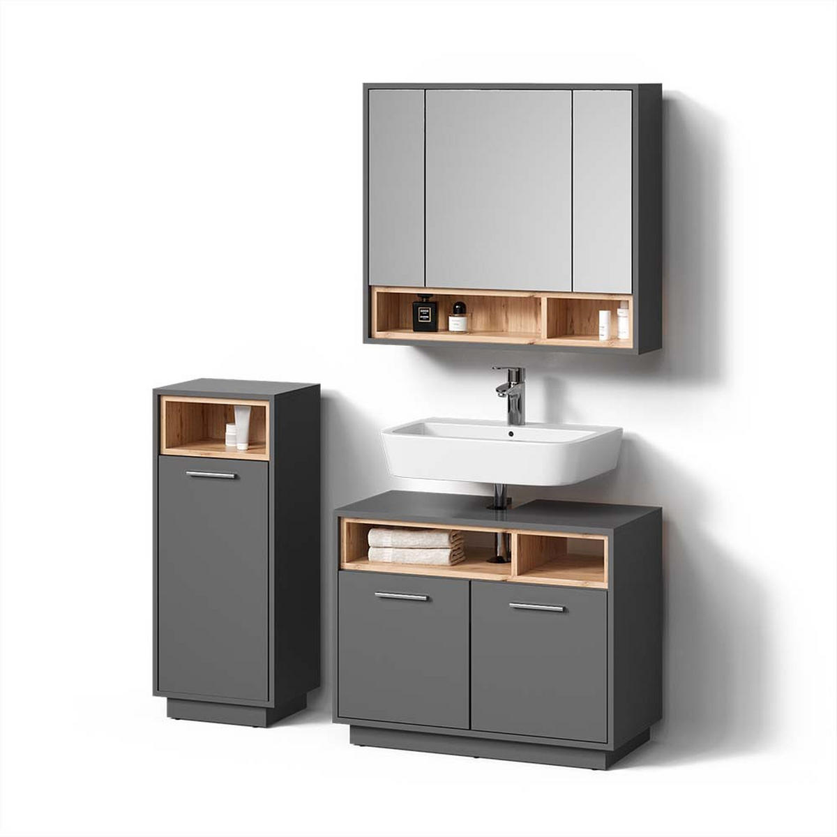 BADMÖBEL-SET Temo Anthrazit 3 Teile - Anthrazit/Sonoma Eiche, Holzwerkstoff (80/93/40cm) - Livinity®