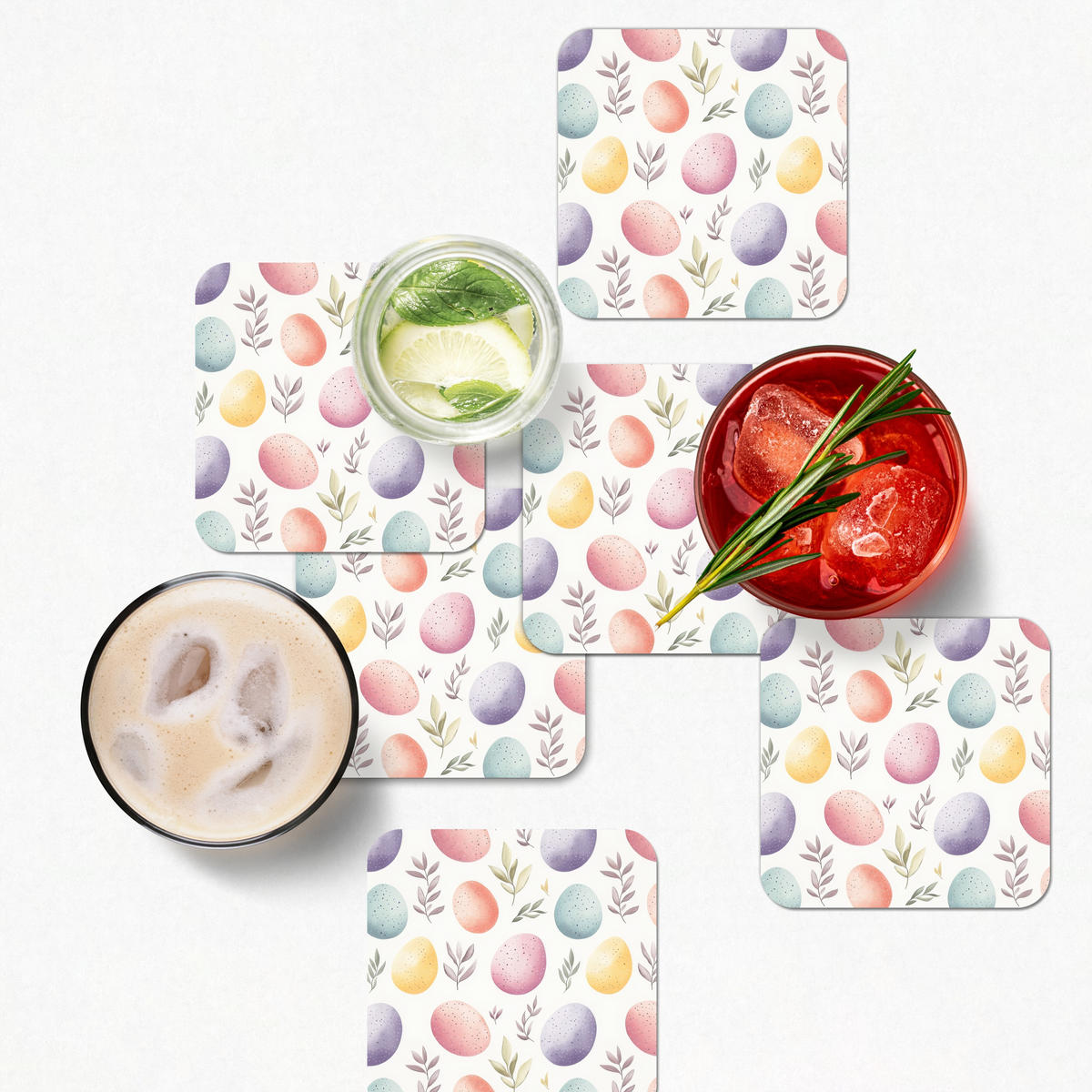 GLASUNTERSETZER 6er-Set Eier - Bunt - Muster 10x10 cm - Weiß, Naturmaterialien (10/0.2cm) - MuchoWow