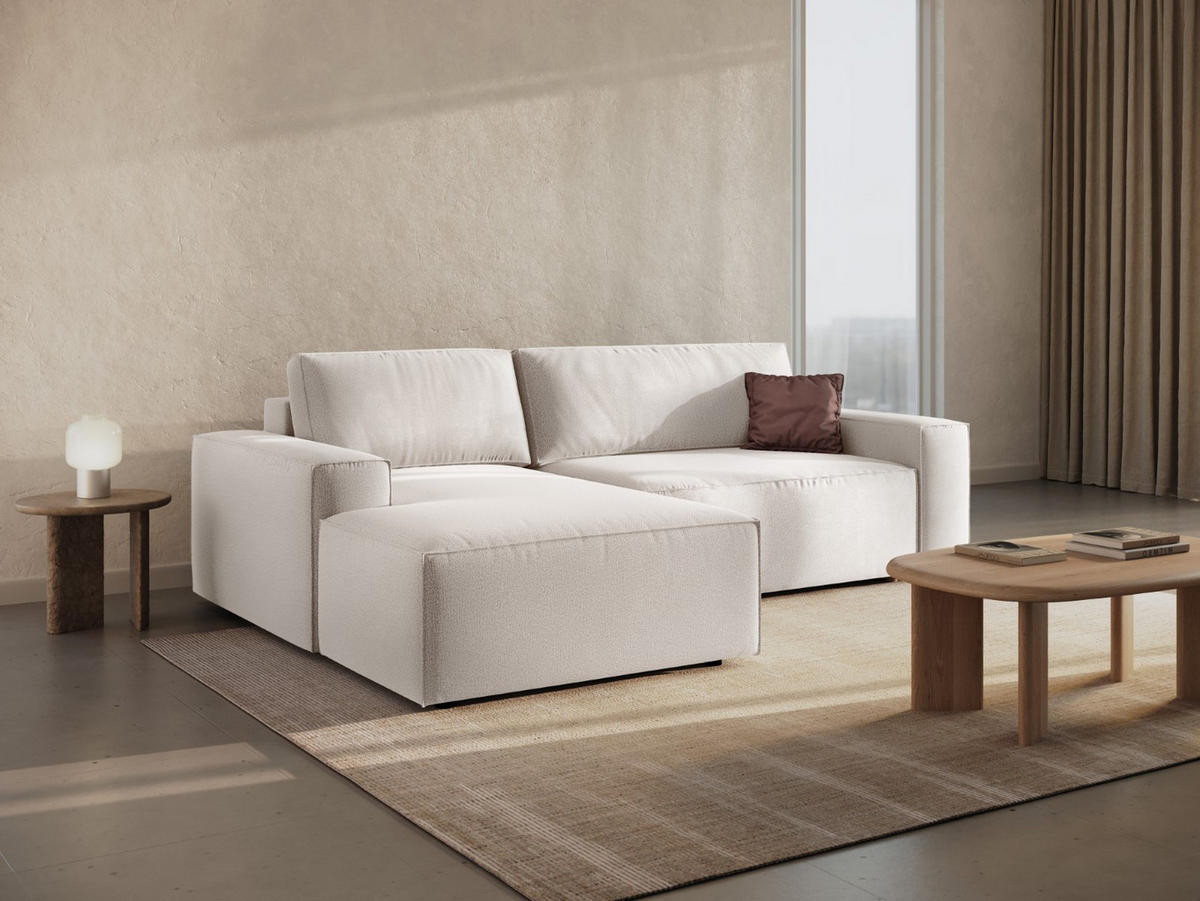 AUSKLAPPBARES-ECKSOFA links mit Container Jodie aus strukturiertem Stoff leichtes beige 3 Sitzplätze - Creme, Textil (246/151cm) - Micadoni