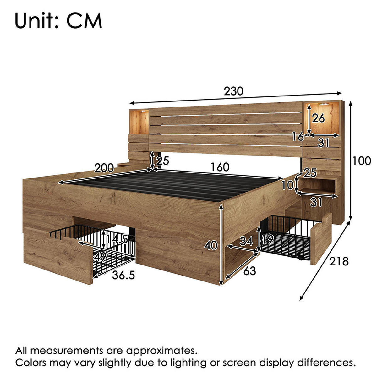 DOPPELBETT 160x200 cm mit LED-Downlights und USB Type-C in Eichenoptik, Mit Matratze - Eichefarben/Schwarz, Holz (200/160cm) - KOMHTOM