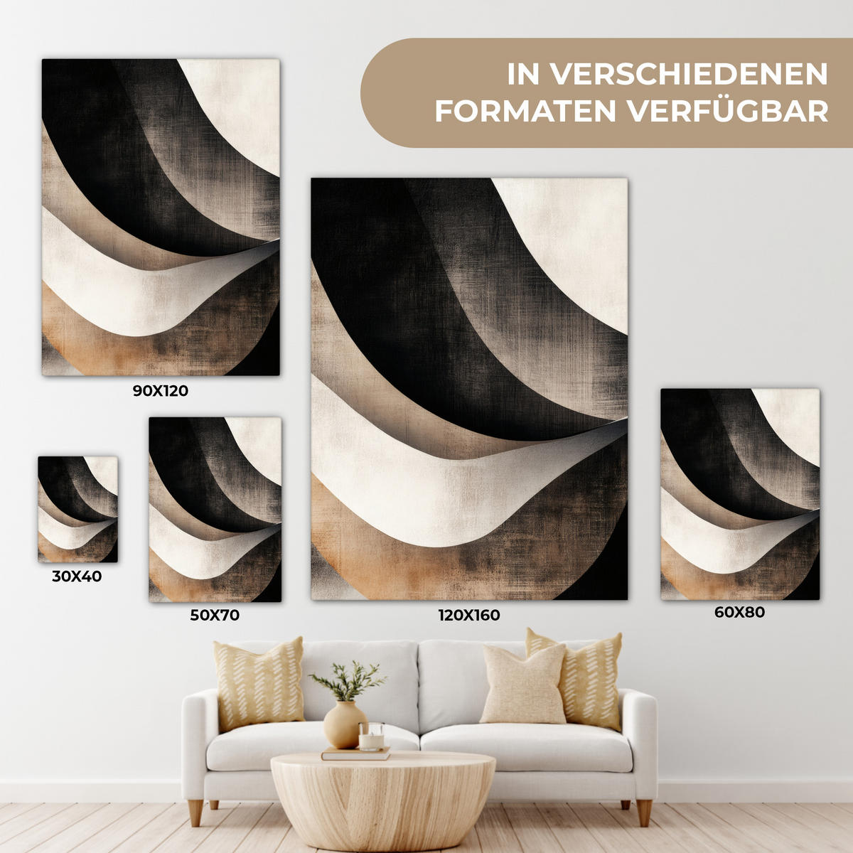 LEINWANDBILD Abstrakt - Wellen - Schwarz - Verwittert 60x80 cm - Trüffeleichefarben, Textil (60/80cm) - MuchoWow