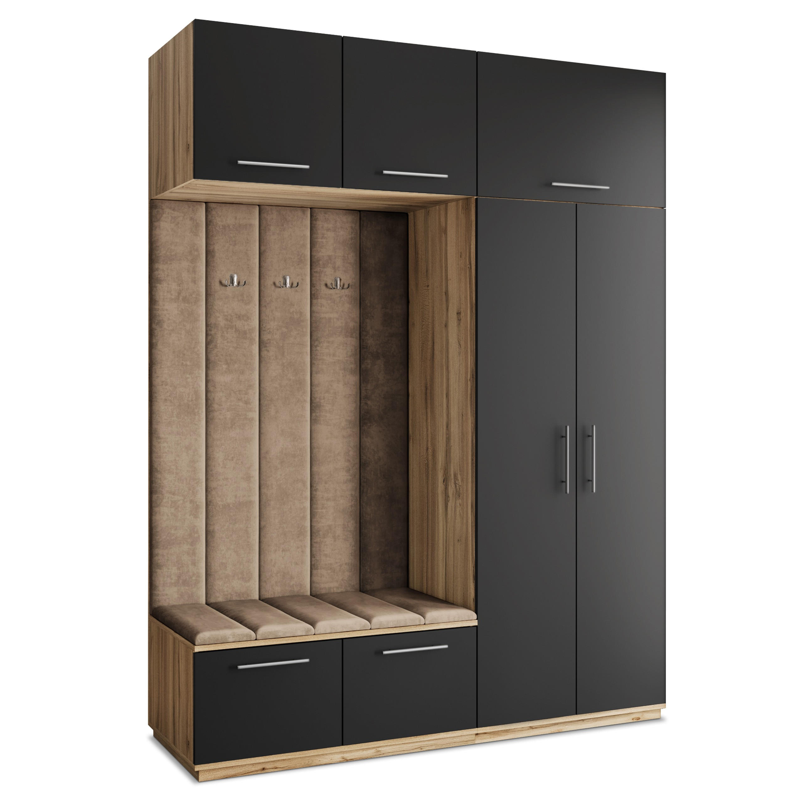 Masseno Garderobenschrank Eiche Wotan, Schwarz, Mokka 180x240x60 cm
