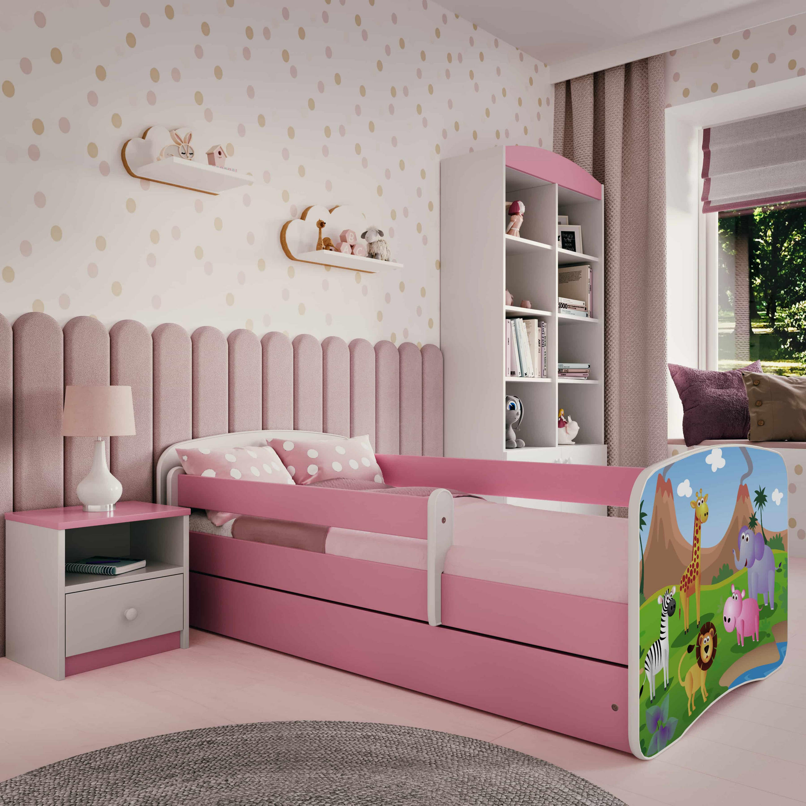 KINDERBETT Safari 70x140 cm mit Matratze, Schublade, Rausfallschutz & Lattenrost, Rosa - Rosa, Holzwerkstoff (70/140cm) - RAUMHIRSCH FURNITURE