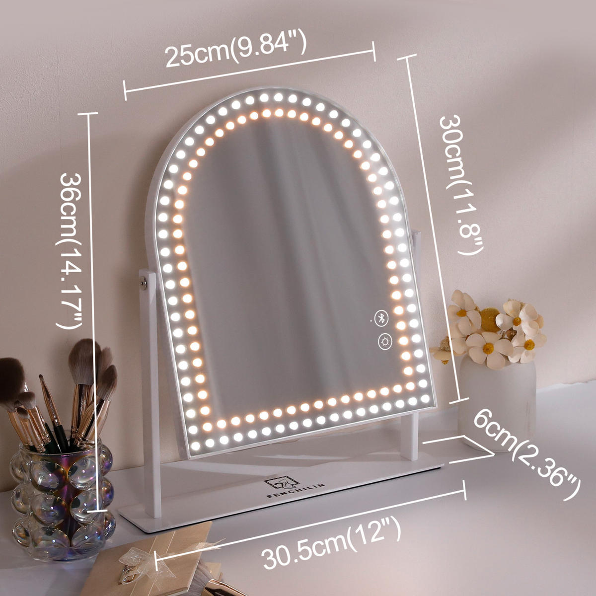SCHMINKSPIEGEL mit Beleuchtung und Bluetooth Weiß 25/30 cm - Weiß, Metall (25/30/3cm) - VANITII