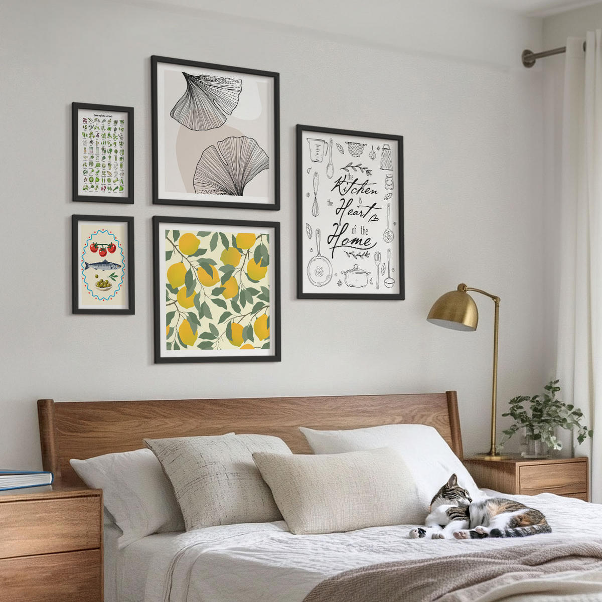 WANDBILDER 5er-Set - 50x50 cm & 20x30 cm & 40x60 cm Schwarzer Rahmen - Küchenkräuter-Zitronen-Malerei - Schwarz, Kunststoff (40/60cm) - ArtPrintCave