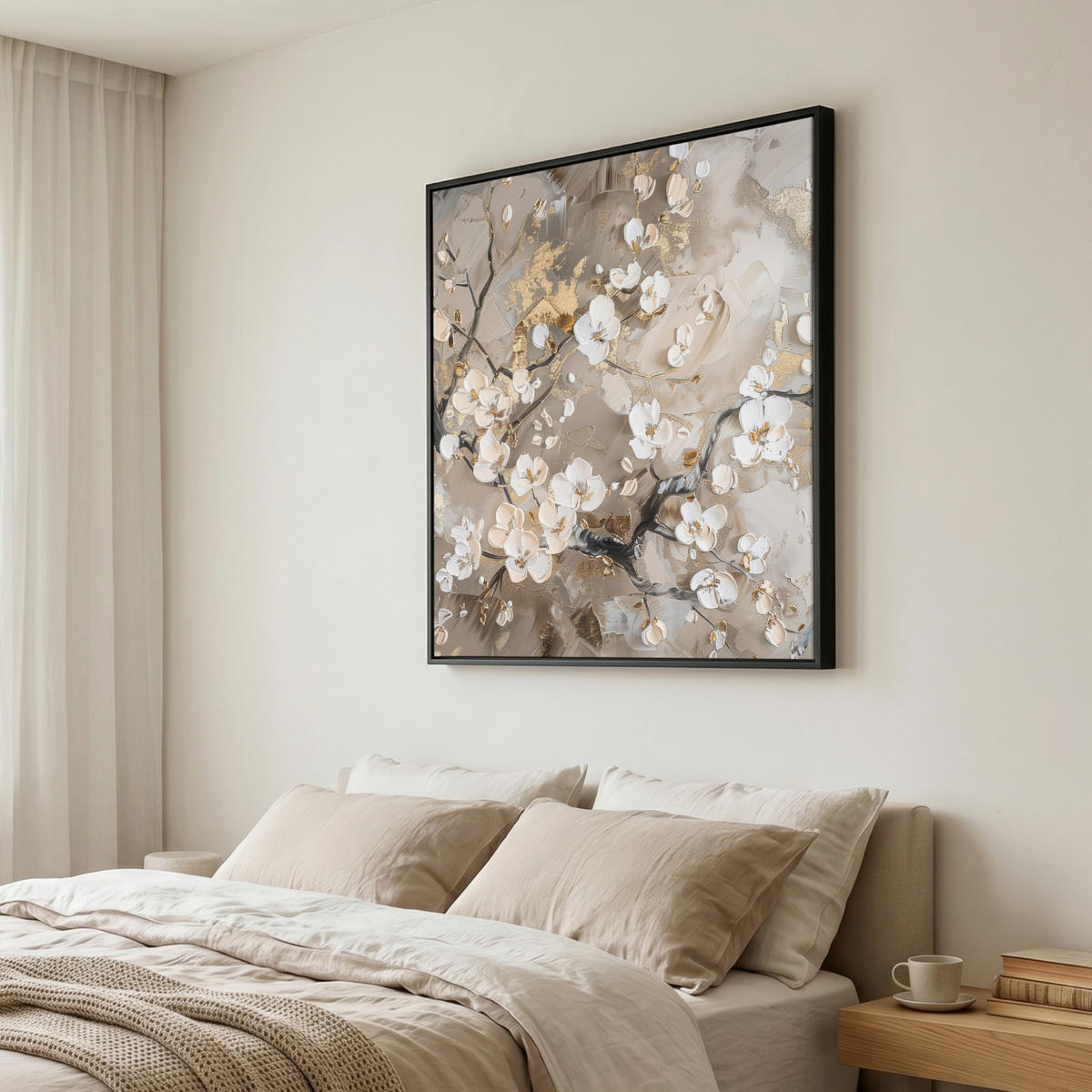 LEINWAND Bilder mit Rahmen - Blumen - Weiß - Gold - Beige - Luxus - 90x90 - Greige, Textil (90/90cm) - MuchoWow