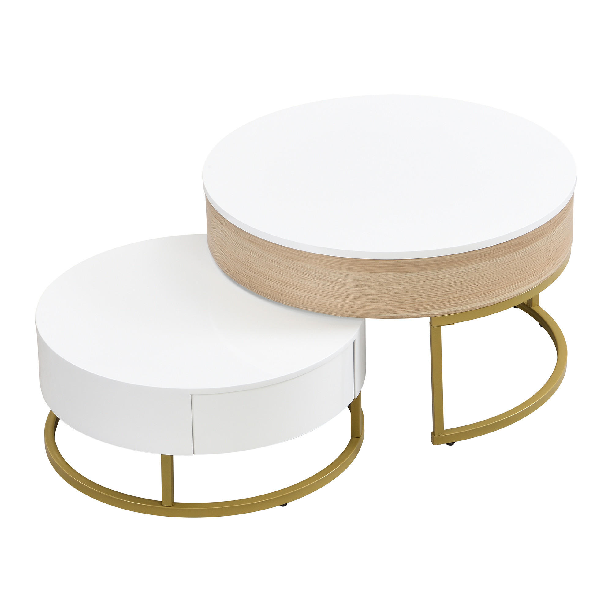 COUCHTISCH Set 2-tlg Gold Hochklappbar 2 Schubladen Satztisch Kombination - Weiß, Holz (78.5/78/22cm) - FLIEKS
