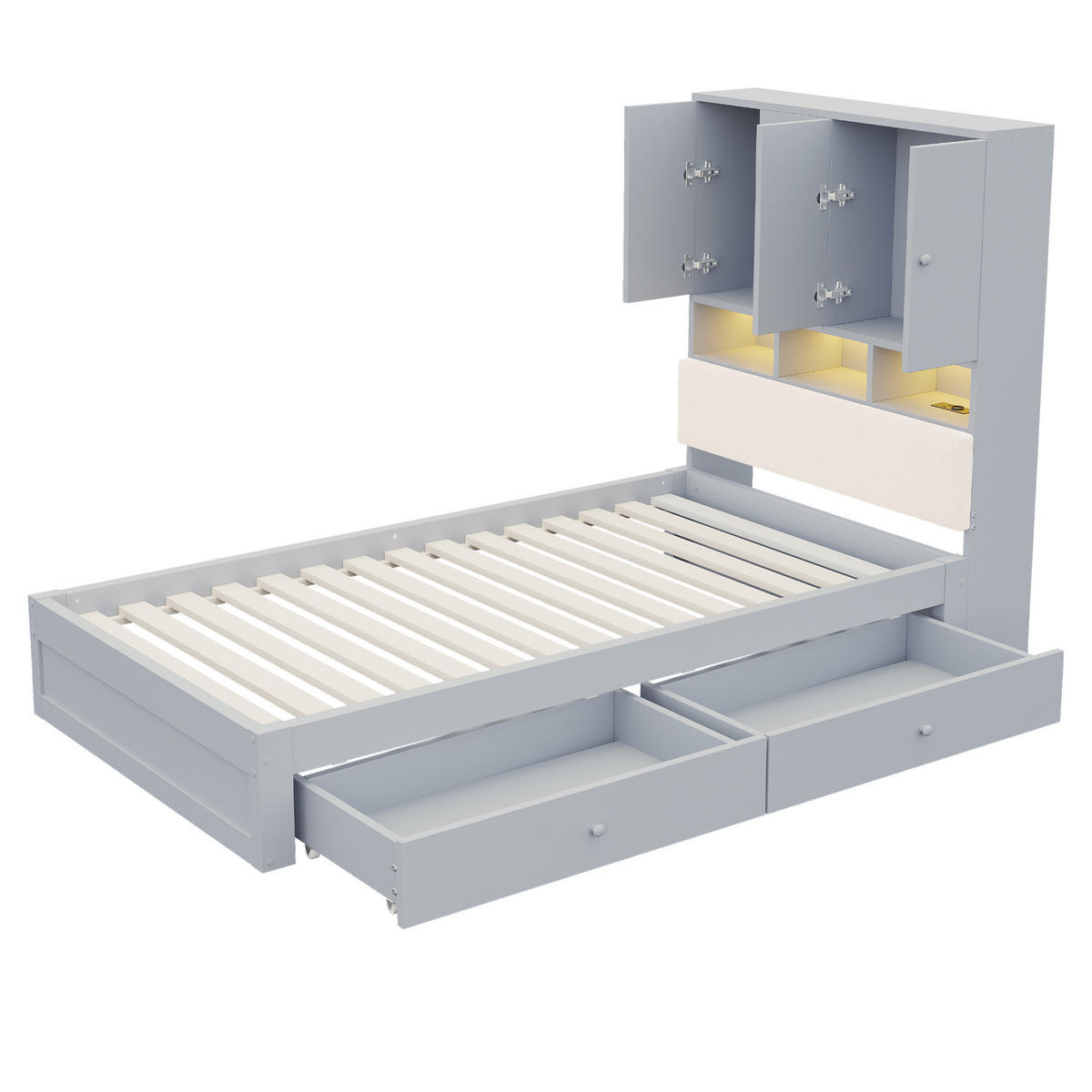 STAURAUMBETT 90/200 cm mit Stauraum, LED und 2 Schubladen, DE-41627, in Grau - Grau, Holzwerkstoff (90/200cm) - ComfortXL
