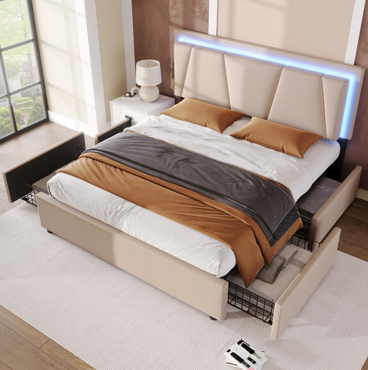 ČALOUNĚNÁ postel 160/200 cm béžová z dřeva a kovu s LED osvětlením, zásuvkami a nastavitelným čelem - béžová, kompozitní dřevo (160/200cm) - OKWISH