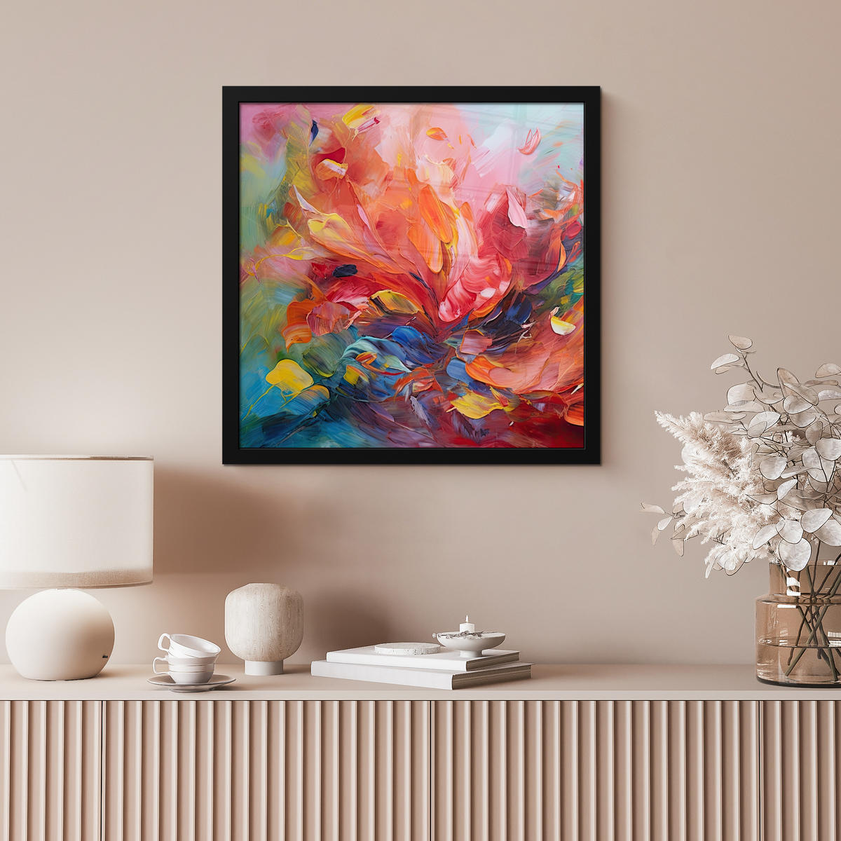 POSTER MIT RAHMEN Ölgemälde - Kunst - Abstrakt - Farbenfroh 40x40 cm - Altrosa, Papier (40/40cm) - MuchoWow