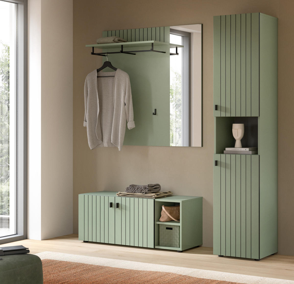 GARDEROBE-SET grün 2-teilig 106 cm, Garderobenkombination mit Rillen-Optik - Schwarz/Grün, Glas/Holzwerkstoff (106/192/37cm) - Inn.Furn