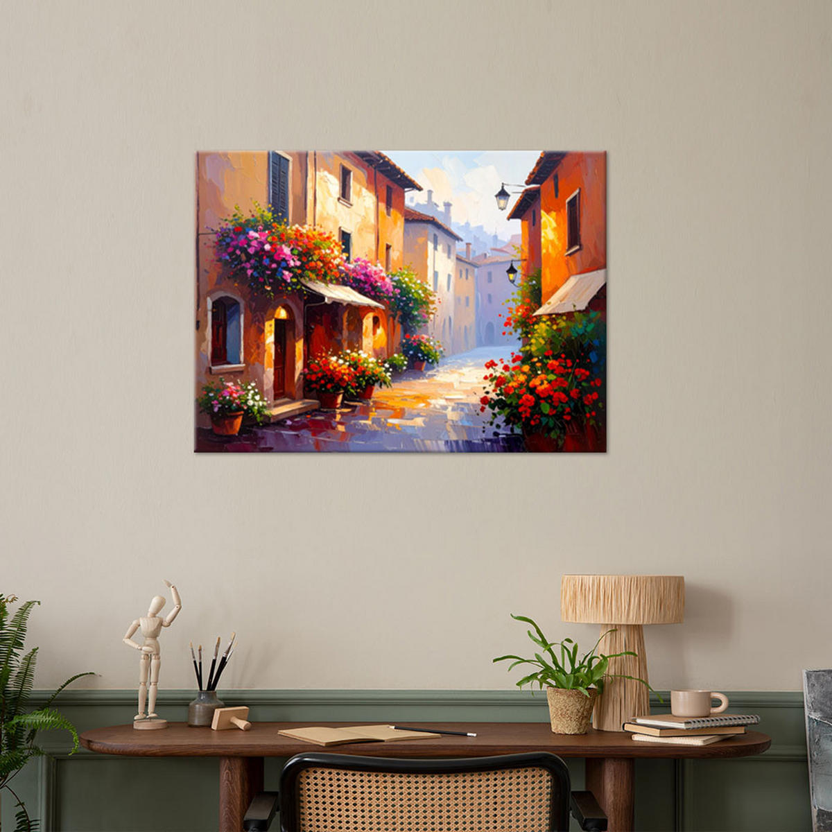 LEINWANDBILD Italienische Gassen Blumen Häuser 120x80cm - Beige, Textil (120/80cm) - Feeby