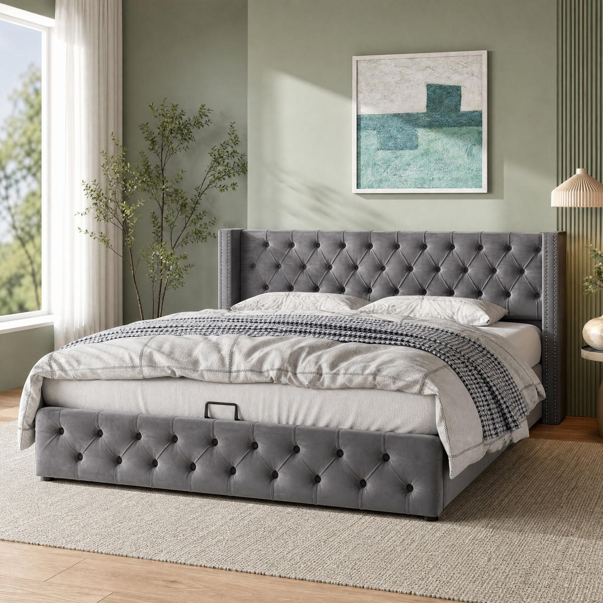 POLSTERBETT 180/200 cm in Grau Samt mit Bettkasten - Grau, Holzwerkstoff/Textil (180/200cm) - CHICFURN