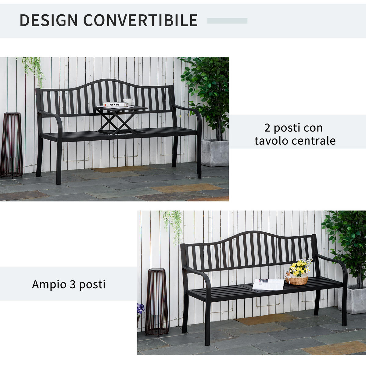 GARTENBANK,3-SITZER Metall Lattenrost klappbarer Tisch,schwarz - Schwarz, Metall (150/90/58.5cm) - Vallsero