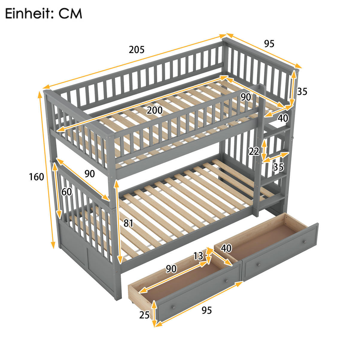 ETAGENBETT umbaubar mit 2 Schubladen 90x200 cm Kiefer Grau - Grau, Holzwerkstoff (90/200cm) - Beauniv
