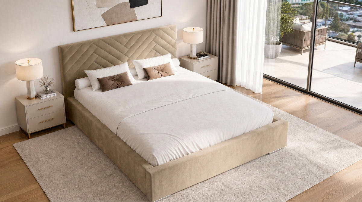 POLSTERBETT 200x200 cm AURA, Doppelbett mit Bettkasten und Lattenrost aus Holz, Velourstoff: Creme - Creme, Holz/Kunststoff (200/200cm) - Marpur