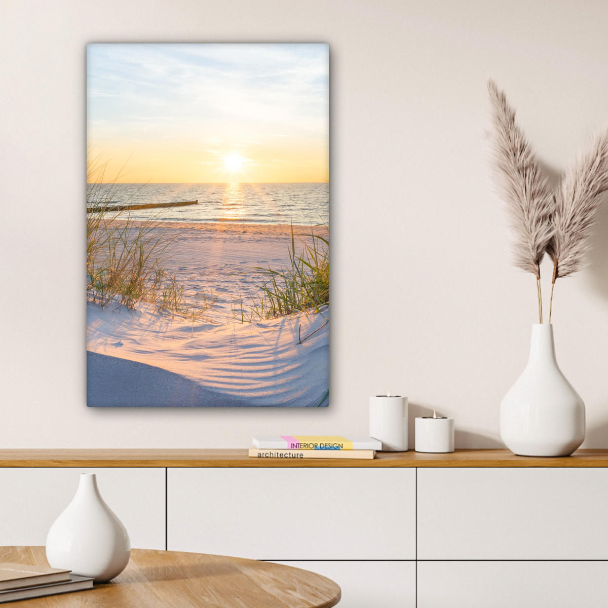 LEINWANDBILD Strand - Sonne - Düne - Gras - Sand - Horizont 60x90 cm - Hellblau, Textil (60/90cm) - MuchoWow