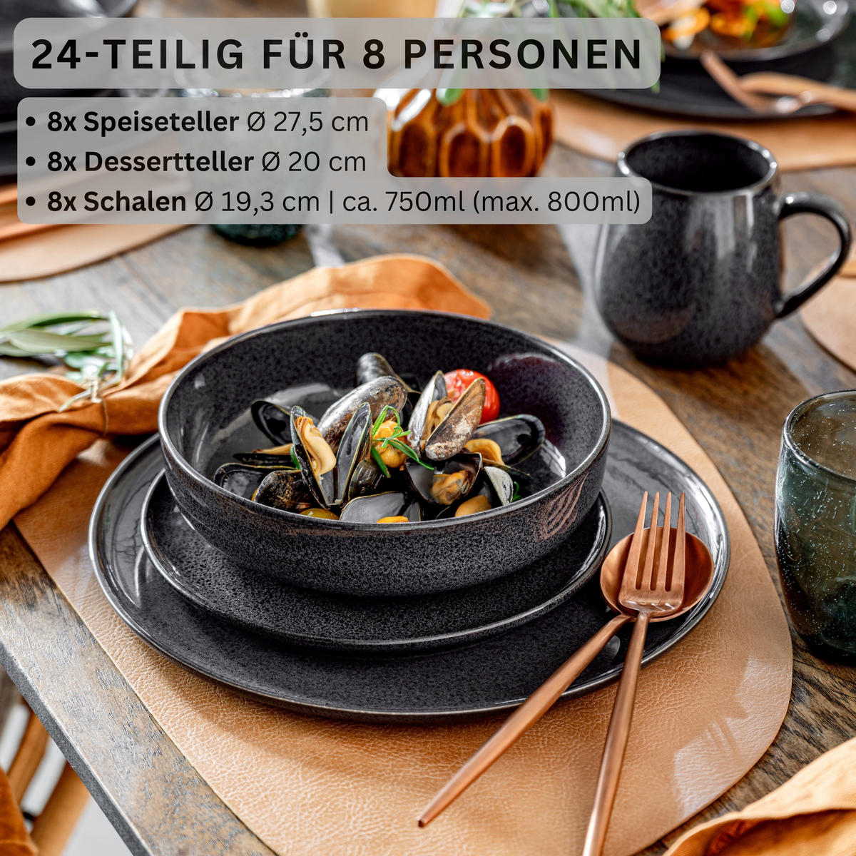 SÄNGER Steingut Geschirrset Bali, Tafelservice 36 teilig für 12 Personen - Schwarz, Keramik (27/5/27cm) - Sänger
