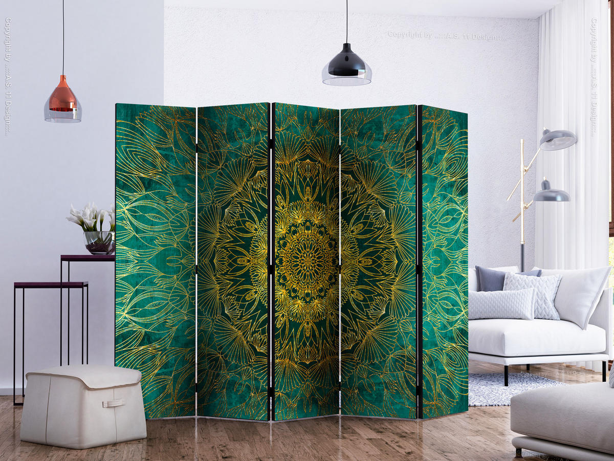 PARAVÁN Jednostranný 5-Dielny 225x172 cm Zlatá Mandala - zelená, drevo/textil (225/172/3cm) - Muralo