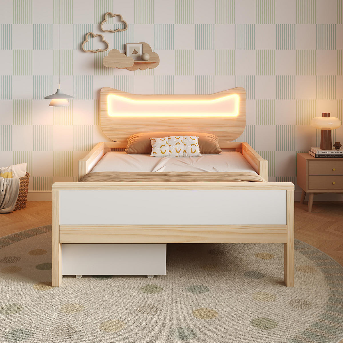KINDERBETT 90/200 cm weiß/eiche aus Holz mit LED-Katzenkopfteil und Stauraum - Eichefarben, Holzwerkstoff (90/200cm) - OKWISH
