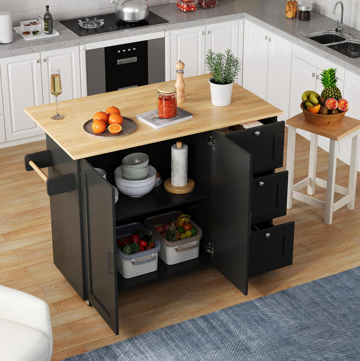 KÜCHENINSEL 135/44-70/90 cm aus MDF mit klappbarer Arbeitsplatte Schwarz/Natur - Schwarz, Holzwerkstoff (135/90/44cm) - Modenvie