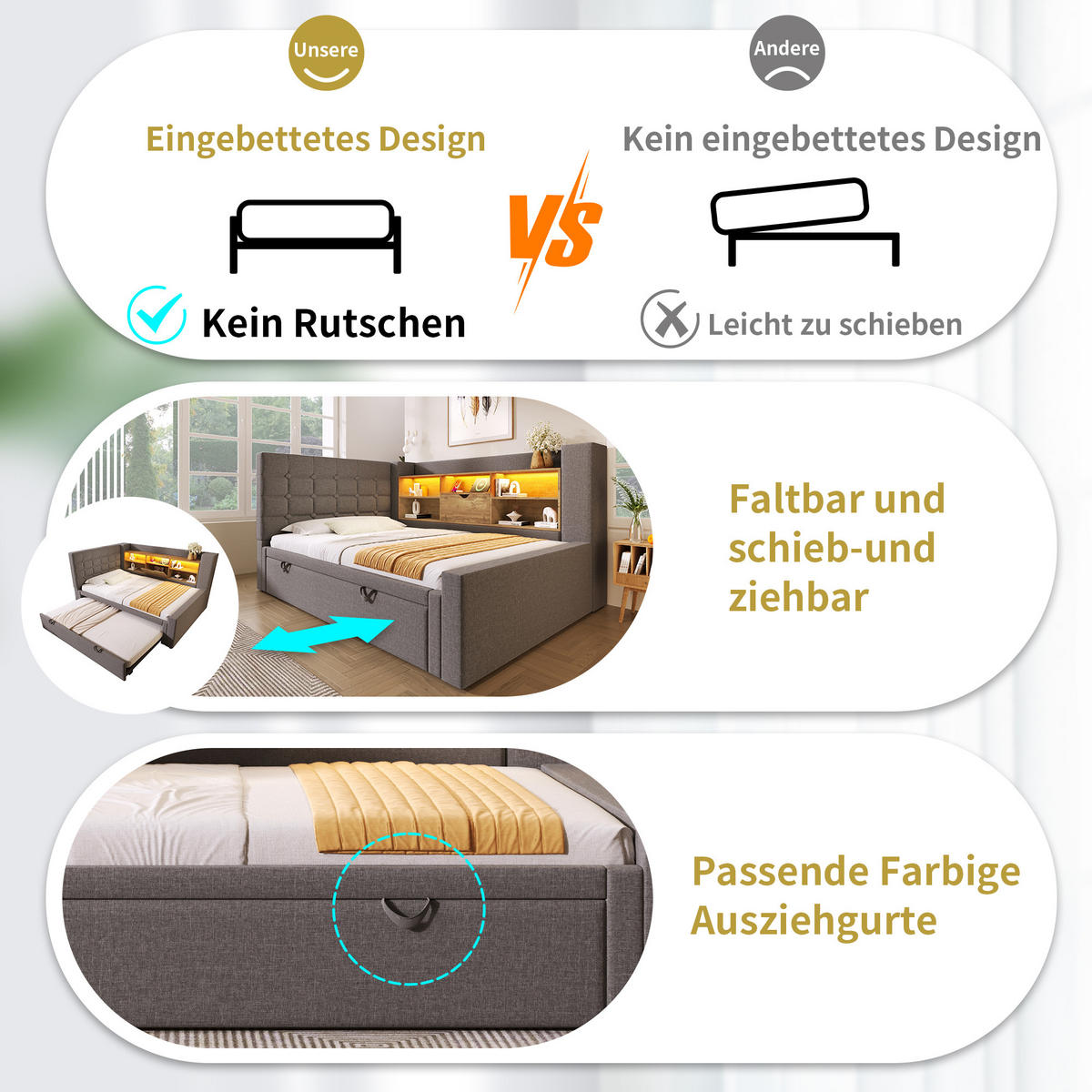 POLSTERBETT 90/200 cm mit Ausziehbett, LED-Beleuchtung, USB-Anschlüssen und Stauraum, Leinen/Metall, Grau - Grau, Textil (90/200cm) - Redom