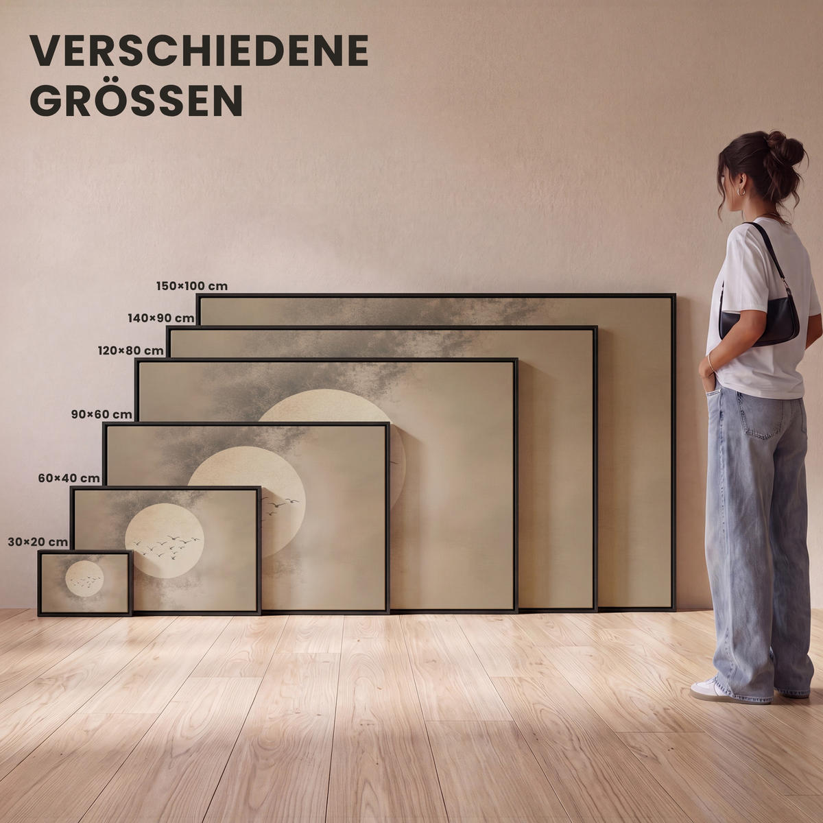 LEINWAND Bilder mit Rahmen - Vogel - Beige - Japanisch - 120x80 - Taupe, Textil (120/80cm) - MuchoWow