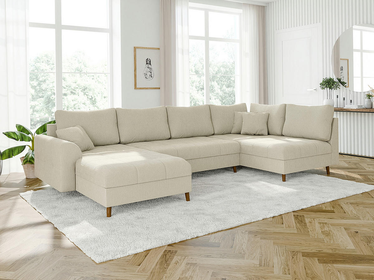 WOHNLANDSCHAFT inkl. Hocker Alma Beige Cord - Beige/Braun, Holz/Textil (310/81/161cm) - S-Style Möbel