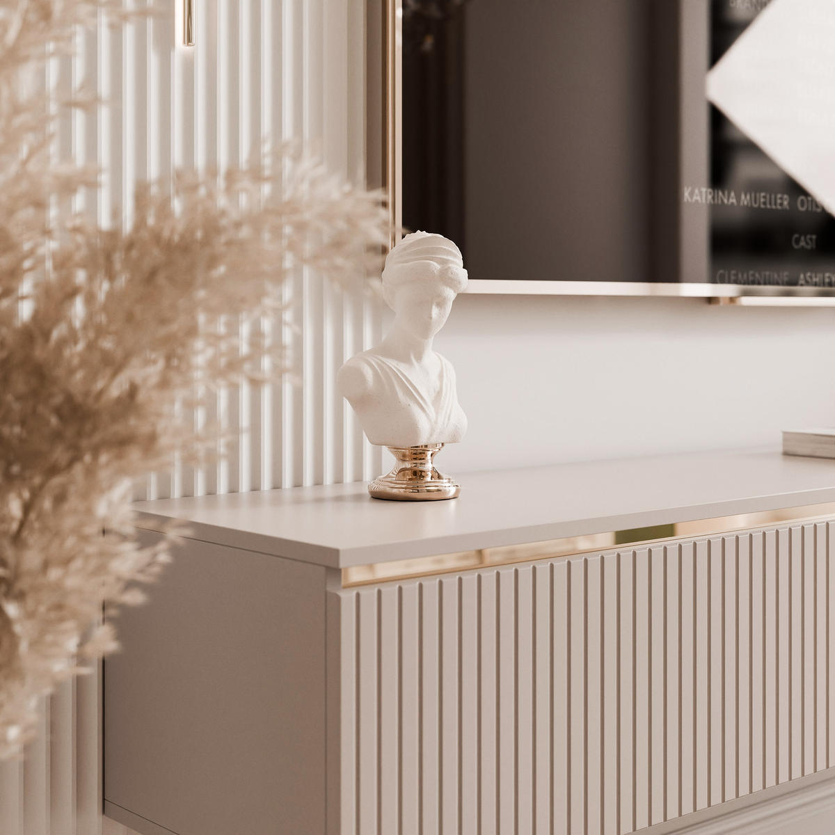 GERIFFELTER TV-Schrank SELIA 200 cm auf Füßen, Kaschmir mit goldener Zierleiste - Kaschmir, Holzwerkstoff (200/42/35cm) - Idohome