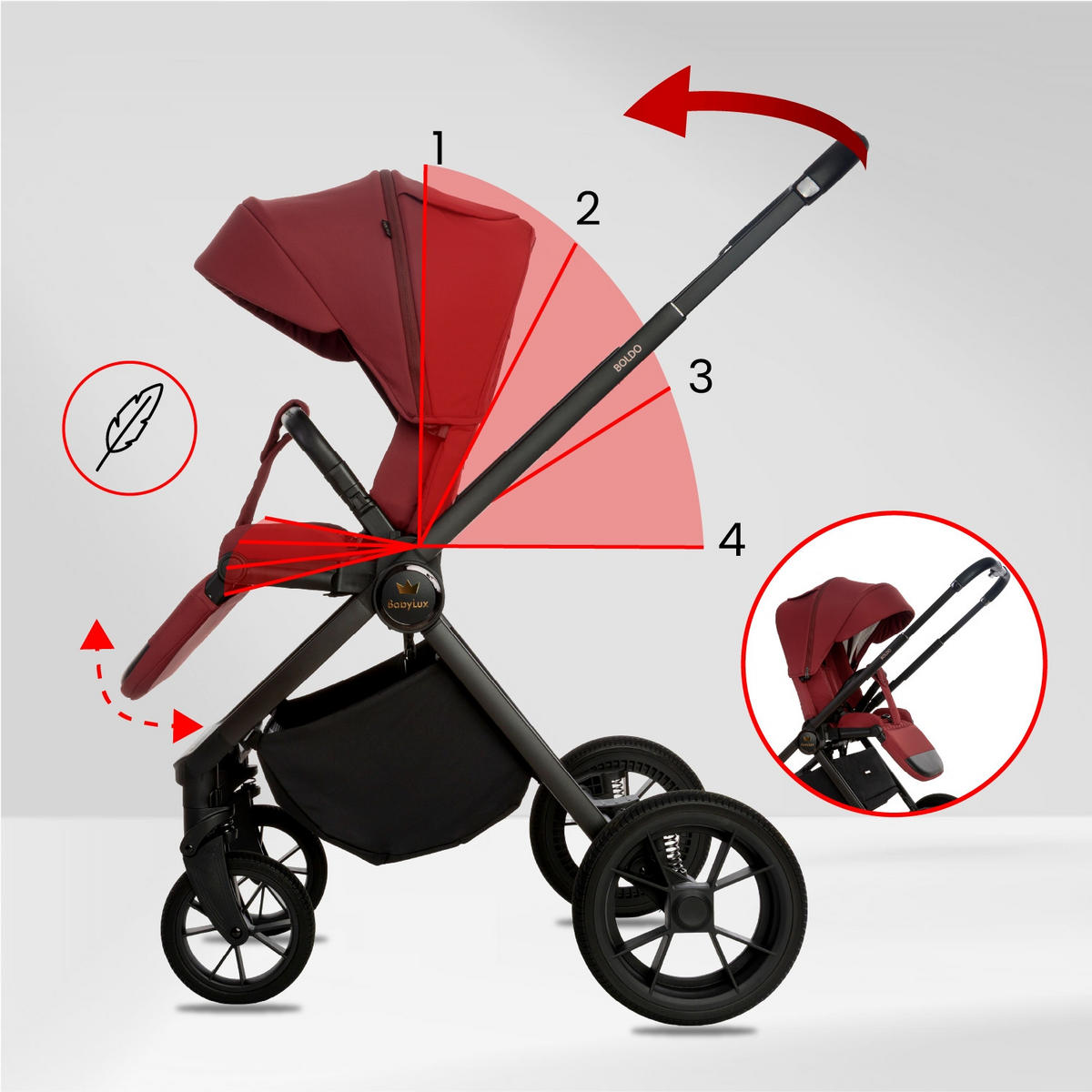 KINDERWAGEN Boldo 3in1 Brownie Babywanne, Buggy Sportsitz, Babyschale I-Size - Weinrot/Schwarz, Textil/Metall (58/98cm) - BabyLux