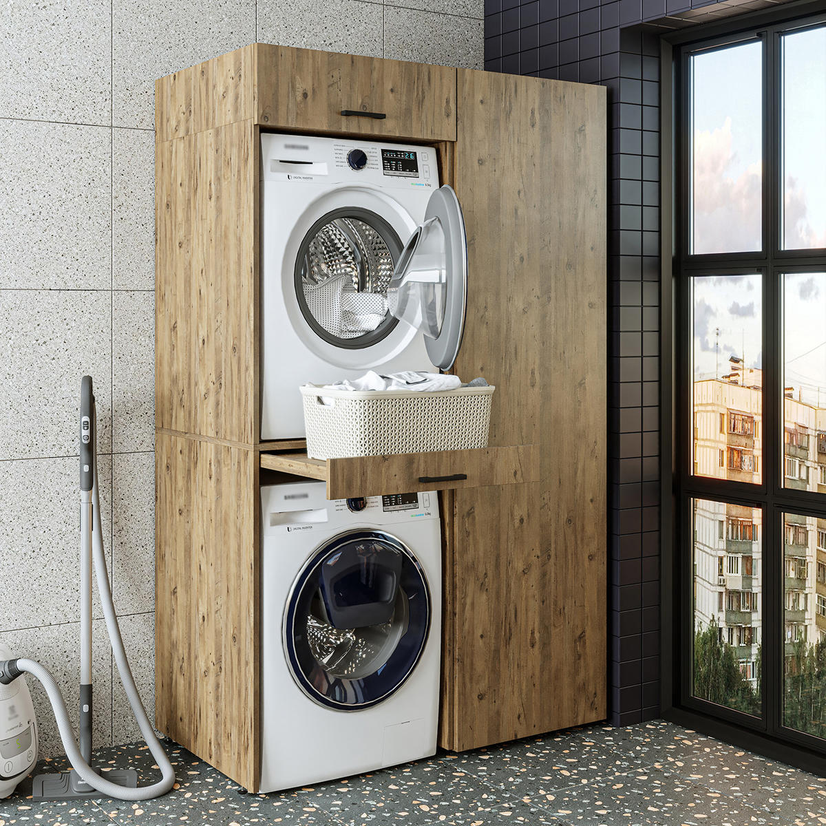 WASCHMASCHINENSCHRANK DUO-I 127cm Breit, 205cm Hoch - Eichefarben, Holzwerkstoff (127/205/67cm)