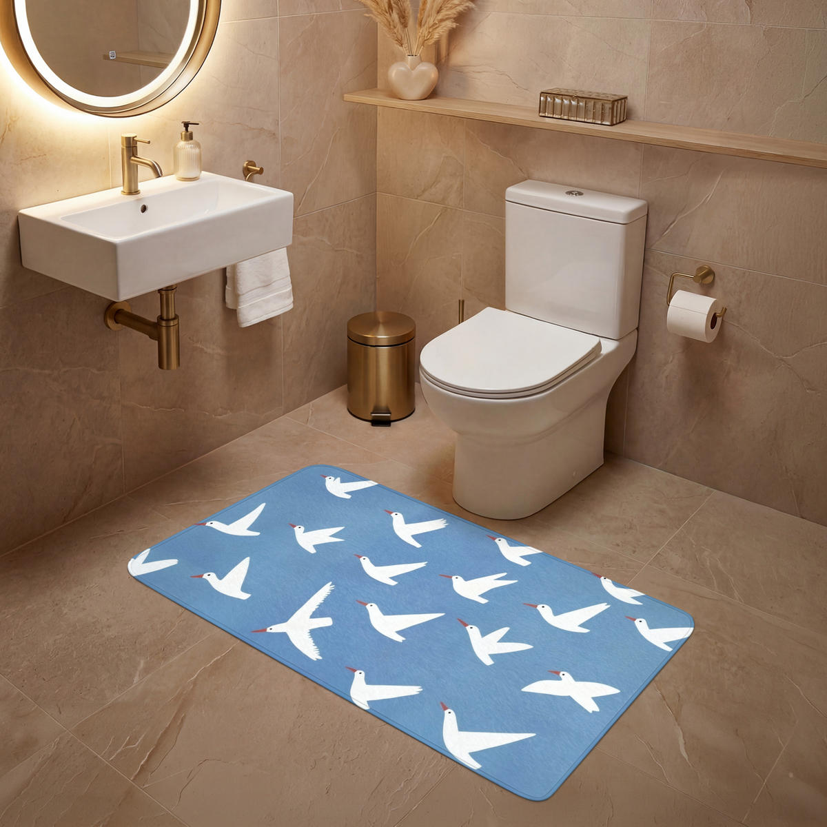 WC PŘEDLOŽKA Ptáci - bílá - vzor 120x60 cm - modrá, textil/plast (120/1cm) - OnlyWow