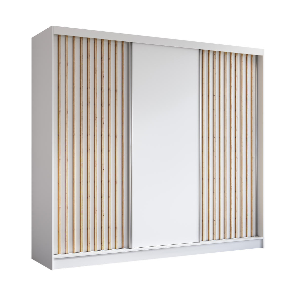KLEIDERSCHRANK mit furnierten Schiebetüren und Aluminium-Leisten, LED-Beleuchtung - LABELO - 240 cm Weiß+Weiß+Artisan - Weiß/Eiche Artisan, Holzwerkstoff (240/216/61cm) - ALTDECOR