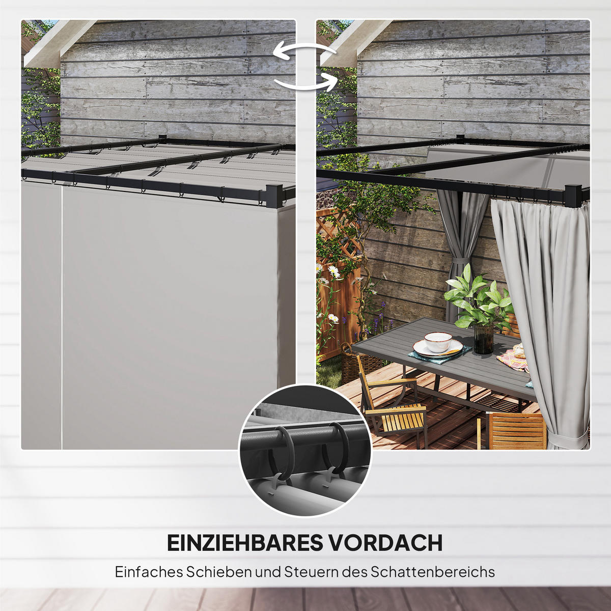 PERGOLA mit Schiebedach 4 Seitenwände Hellgrau 3 x 3 m - Hellgrau, Metall (300/227/300cm) - Outsunny