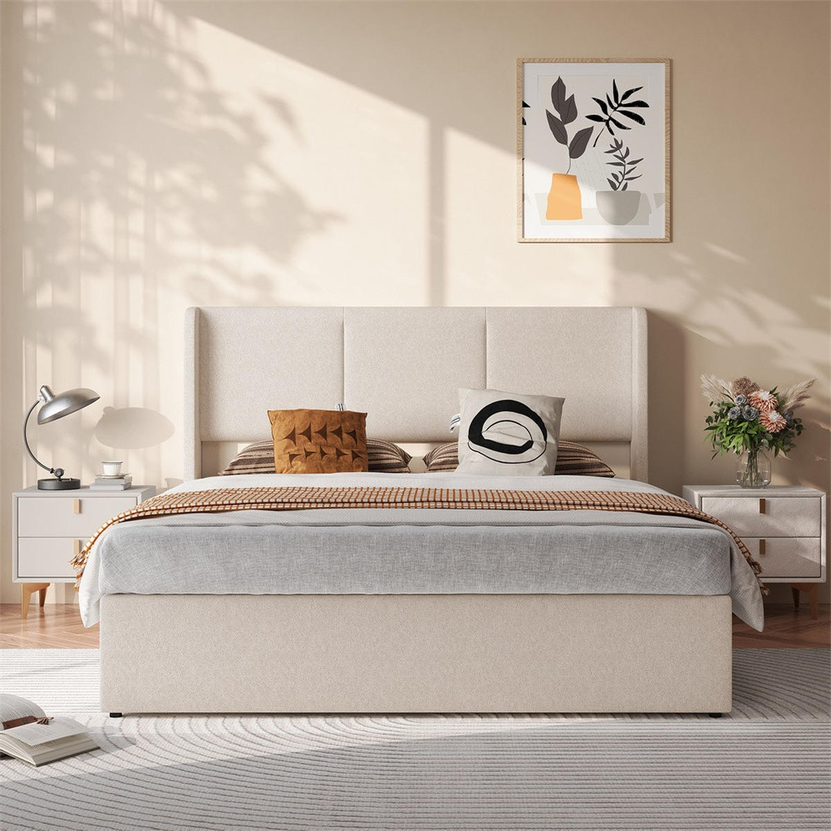 POLSTERBETT 160x200 cm mit hydraulischem Stauraum - Gepolstertes Kopfteil - ohne Matratze - Leinen - Beige - Beige, Textil (160/200cm) - DELFA