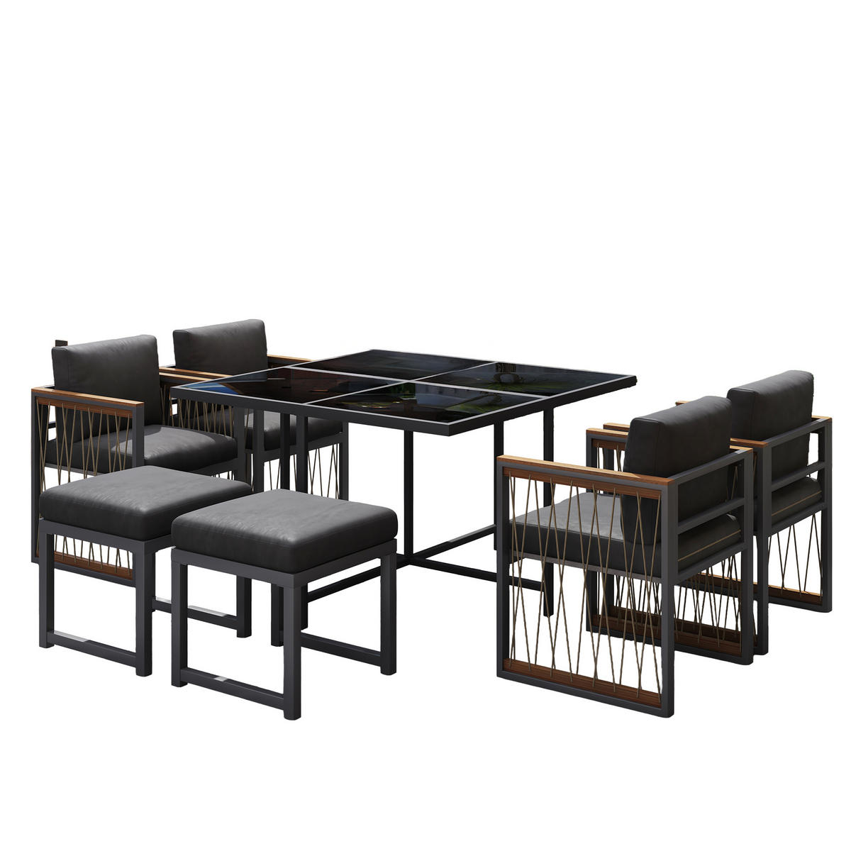 GARTENSET 7 tlg Glas Tisch 6 Personen - Schwarz, Metall - LEBENLANG