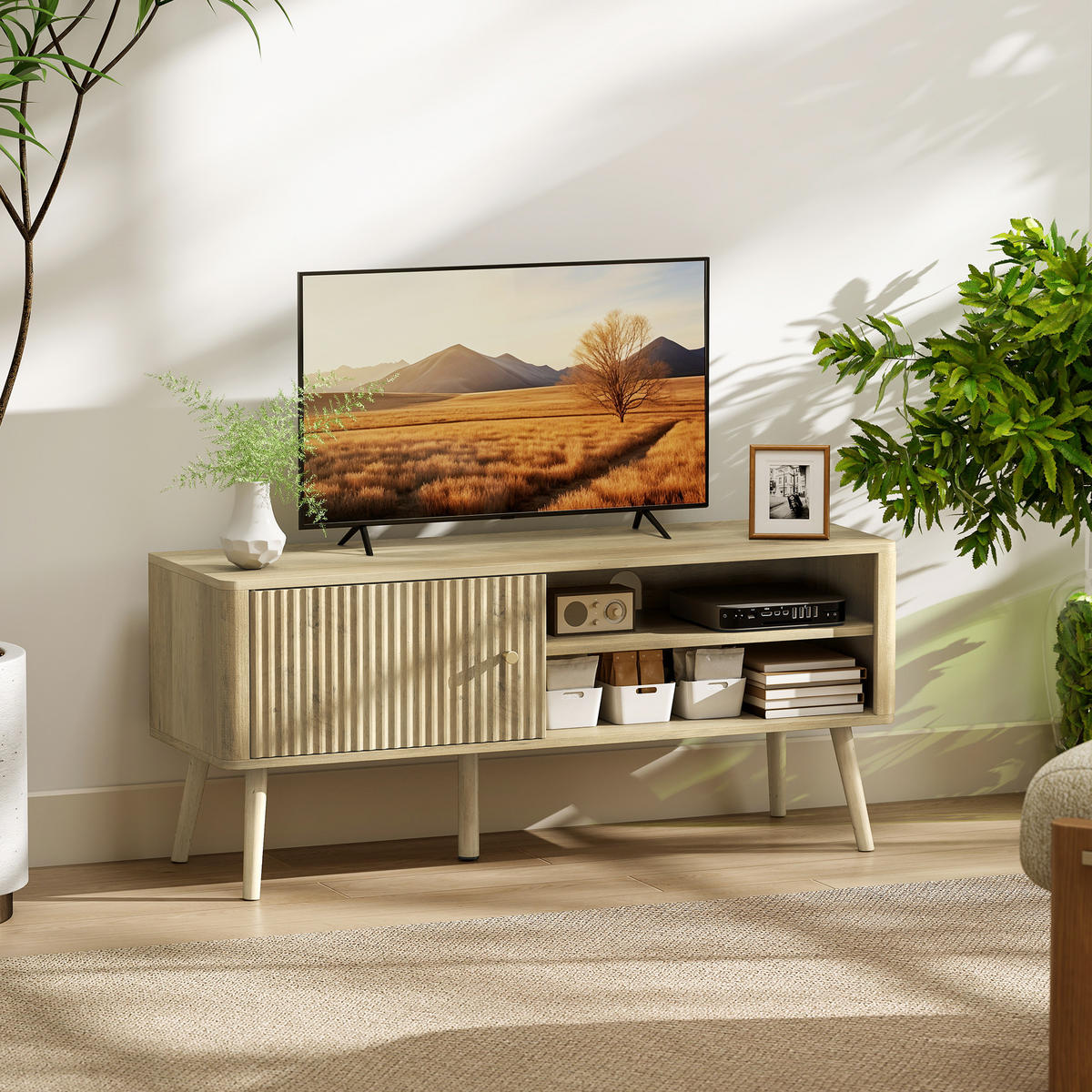 TV-BANK Eichenfarben 115/35/49 cm, 1 Tür, Offene Fächer, Kabelmanagement - Eichefarben, Holzwerkstoff (115/49/35cm) - PANGIVO