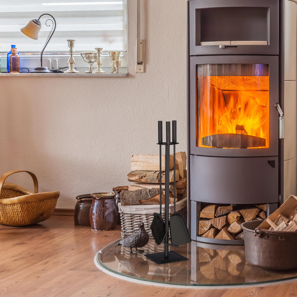 KAMINBESTECK 4tlg. - Schwarz, Holz/Kunststoff (15/61/15cm) - Relaxdays