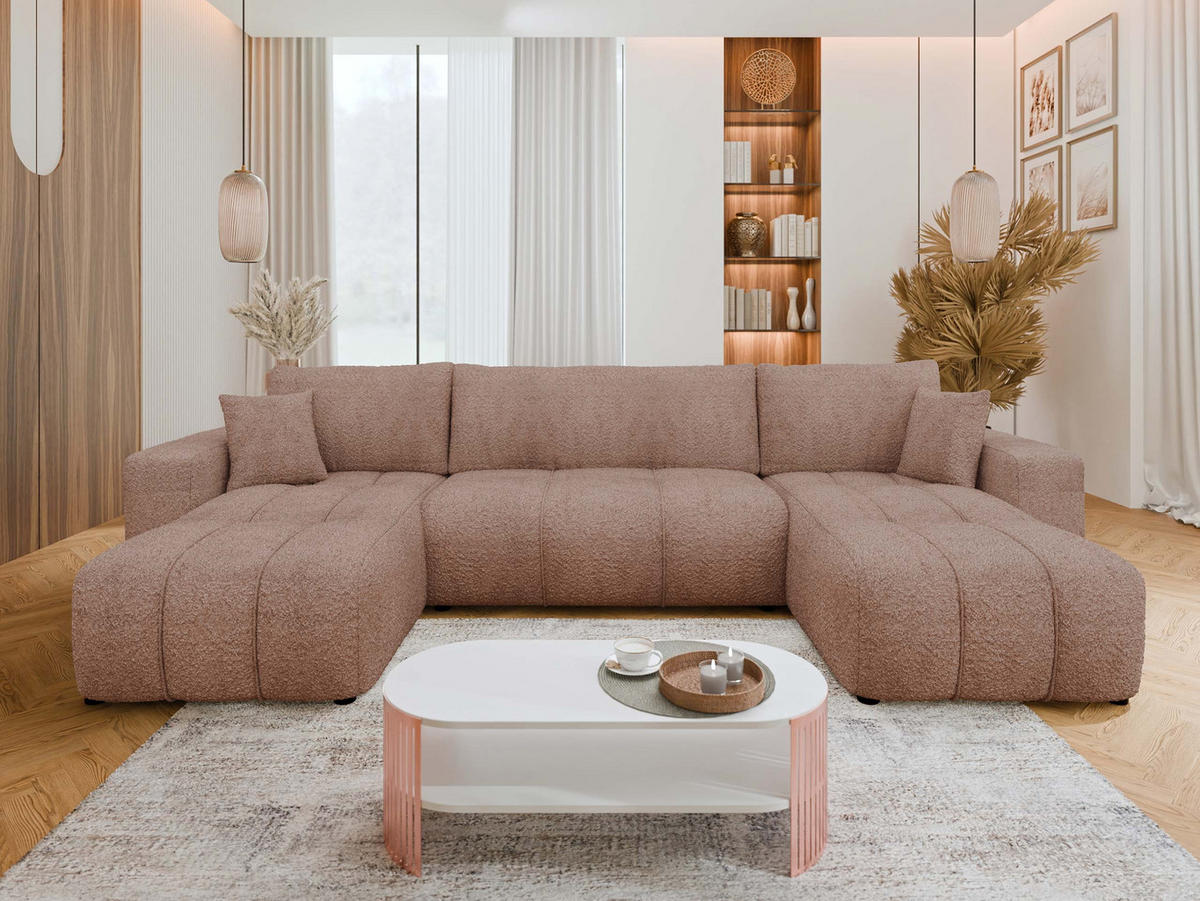 WOHNLADNSCHAFT Furyn U Boucle - Hellbraun/Schwarz, Holzwerkstoff/Kunststoff (312/82/145cm) - MIRJAN24