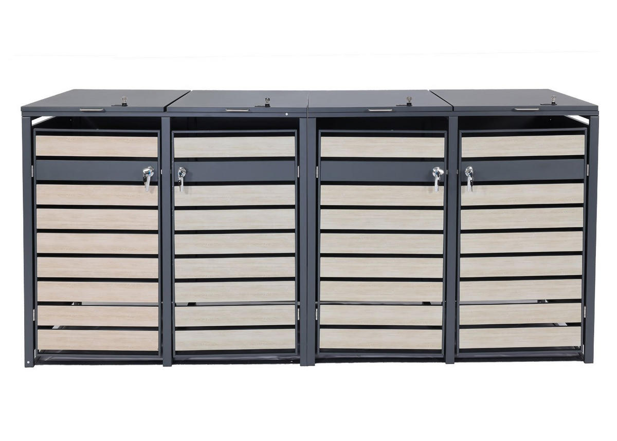 MÜLLTONNENBOX 4er/8er XL 117x284x98cm Metall 118kg Anthrazit Buche-Holzoptik Hellbraun - Hellbraun, Metall (284/117/98cm) - PROREGAL
