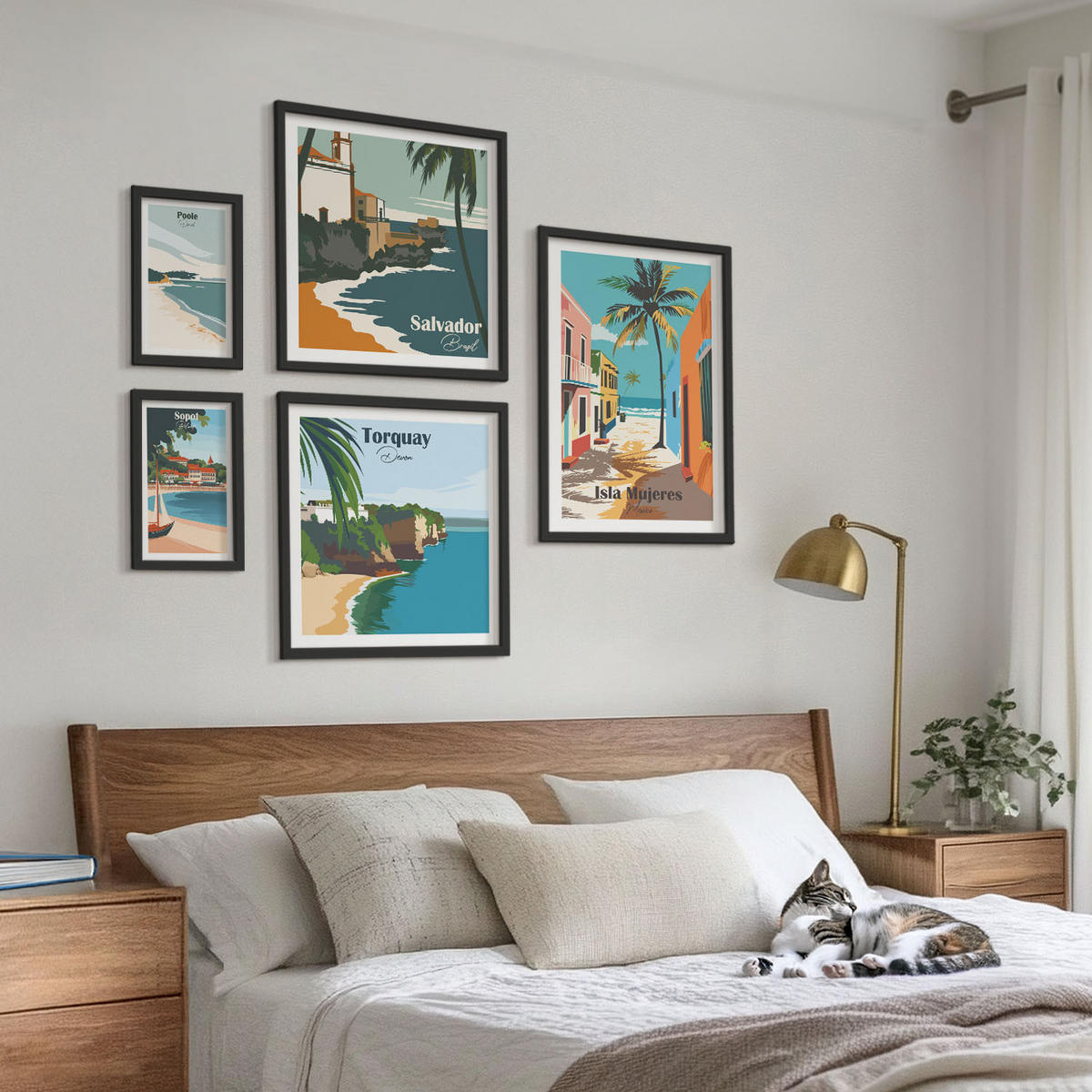 BILDER SET 5er Set - 50x50 cm & 20x30 cm & 40x60 cm Schwarzer Rahmen - Retro-Ansichten von Städten auf der ganzen Welt - Schwarz, Kunststoff (40/60cm) - TULUP