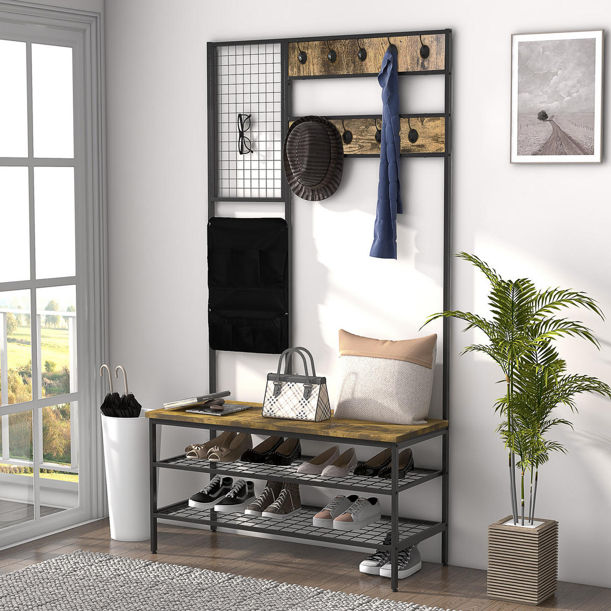 GARDEROBE 100/40/185 cm braun mit Sitzbank und 9 Haken - Braun, Holzwerkstoff (100/185/40cm) - OKWISH