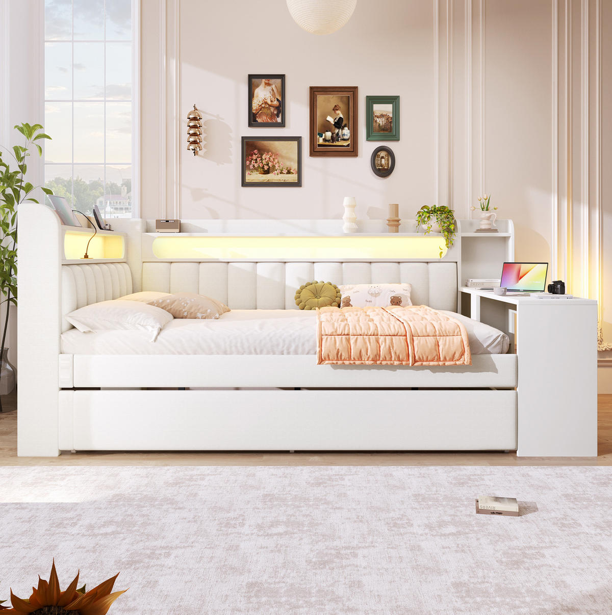 POLSTERBETT aus MDF 140x200 cm Weiß mit LED-Beleuchtung, USB-Anschluss, Ausziehbett und Schreibtisch - Weiß, Holzwerkstoff (140/200cm) - Modfu