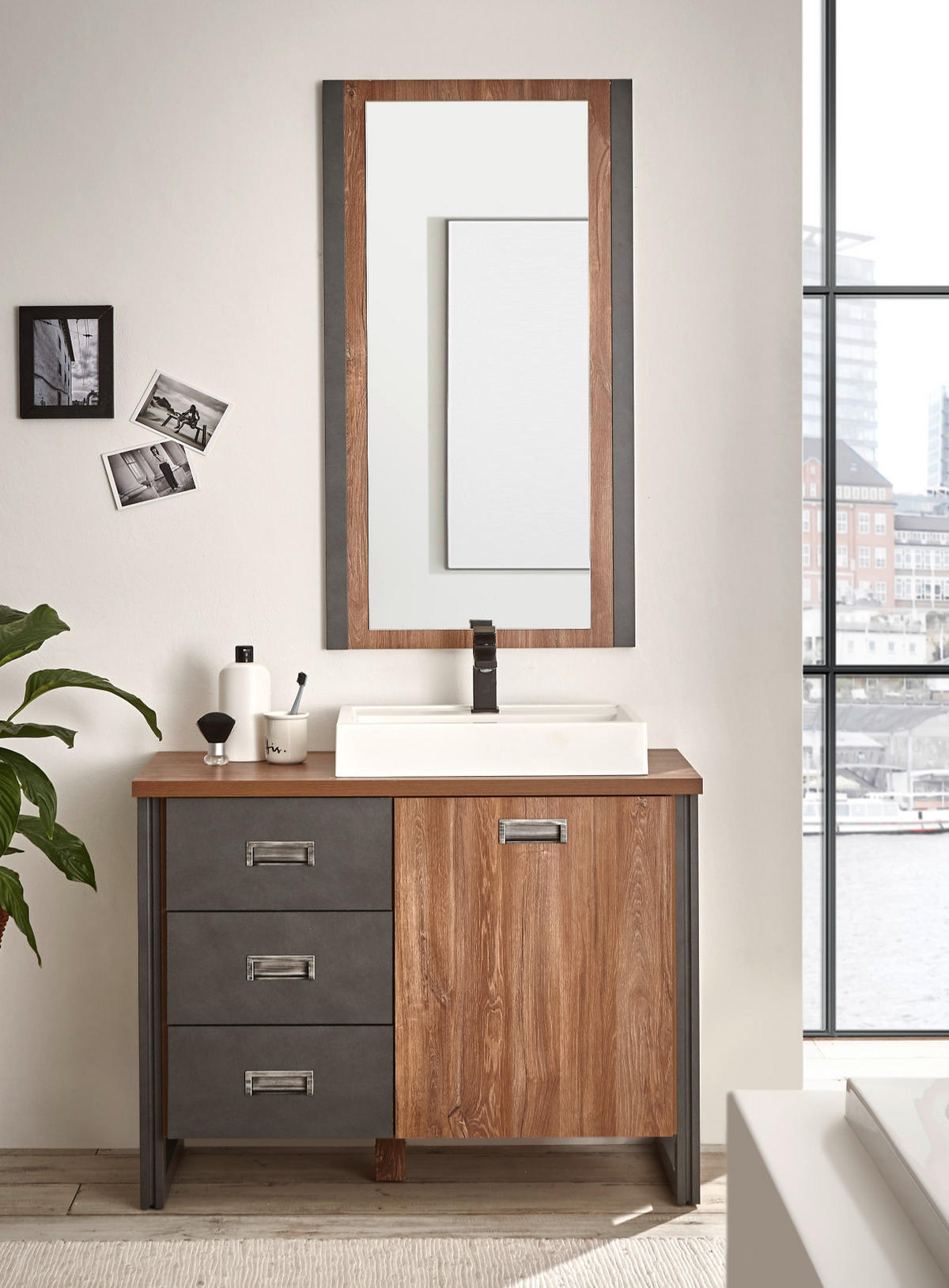 BADMÖBEL-SET 4-teilig Eiche Stirling, Matera grau, Badkombination MIT Waschbecken 201 x 205 cm - Eichefarben/Grau, Holzwerkstoff (201/205/40cm) - Furn.Design