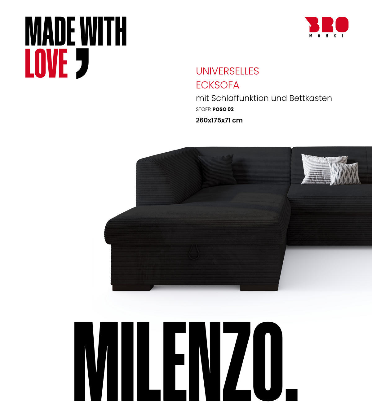 ECKSOFA mit Schlaffunktion Cordstoff MILENZO Schwarz Links - Schwarz, Holz (260/175cm) - Bromarkt