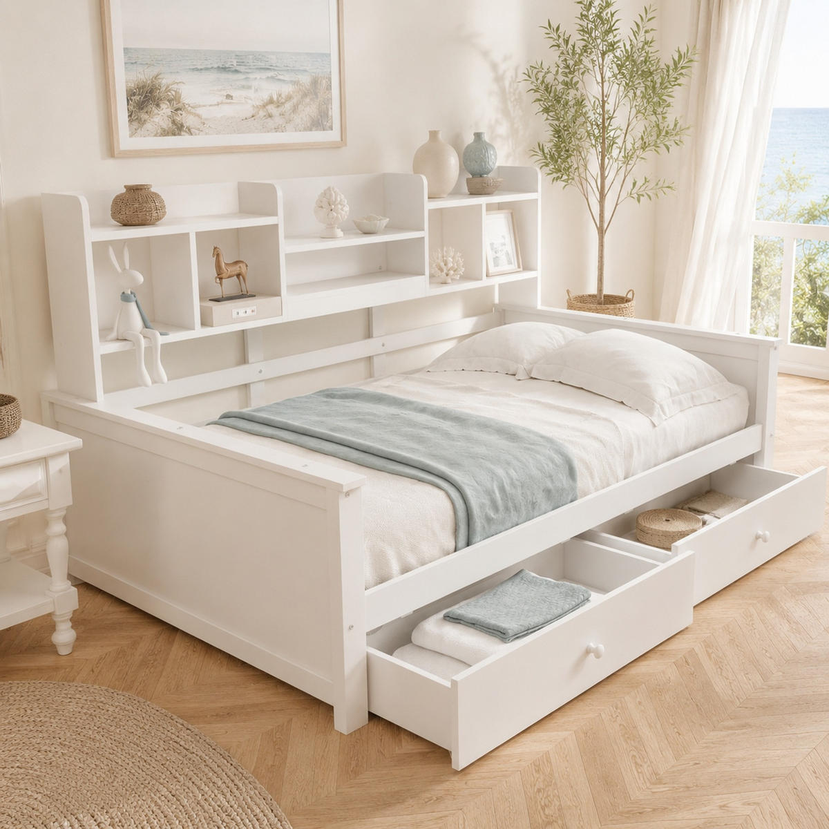 BETT 90/200 mit Schubladen, Regalen und Lattenrost in Weiß - Weiß, Holzwerkstoff/Metall (90/200cm) - EVRYAE